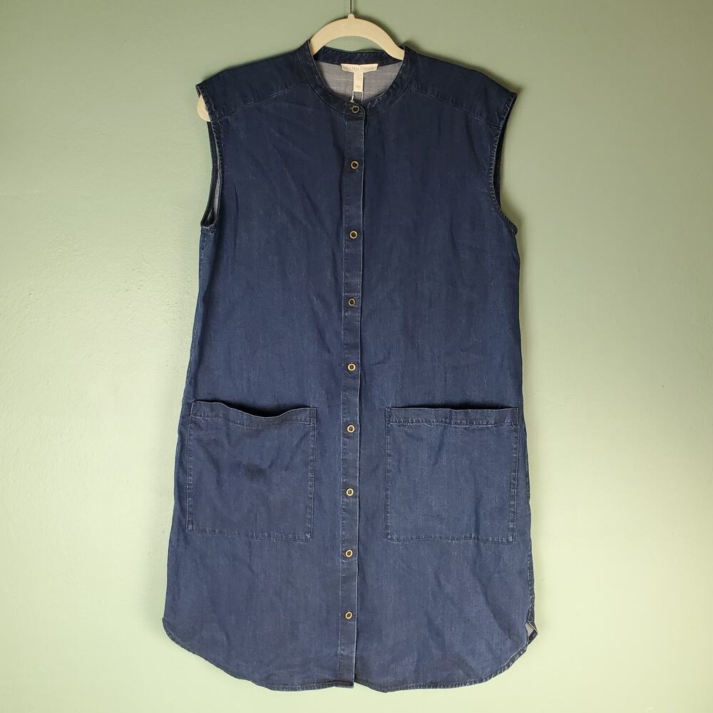 Eileen Fisher Women Midnight Sleeveless Stretch Mandarin Collar Dress Size Small
